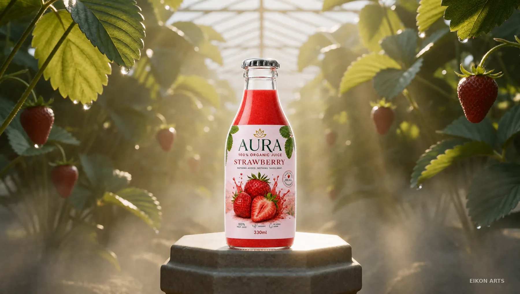 AURA Strawberry — the bottle on its pedestal